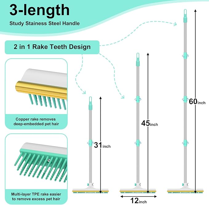 Carpet Rake for Pet Hair Removal - 60" Adjustable Long Handle Carpet Rake, 3 in 1 Reusable Pet Hair Removal Tool Kit, Cat Dog Fur Rakes Scraper Carpet Broom (White)