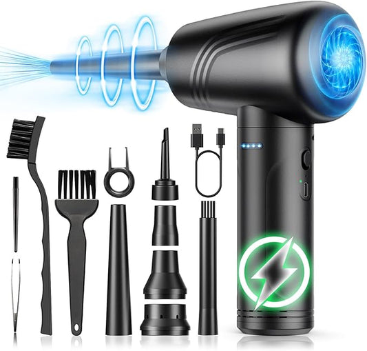 11-in-1 Compressed Air Duster 3-Speed Adjustable 120000 RPM with LED Light, Reusable no Canned Keyboard Cleaner for Office, 9000mAh Cordless Air Duster for Computer/Car/Home (Black)