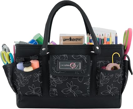 Everything Mary Deluxe Store & Tote Organizer – Black & White Floral Craft Bag with Handle – Collapsible Storage for Scr