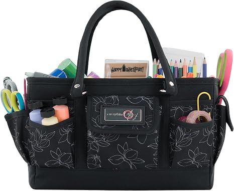 Everything Mary Deluxe Store & Tote Organizer – Black & White Floral Craft Bag with Handle – Collapsible Storage for Scr