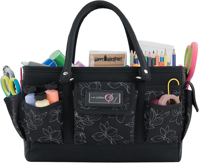 Everything Mary Deluxe Store & Tote Organizer – Black & White Floral Craft Bag with Handle – Collapsible Storage for Scr