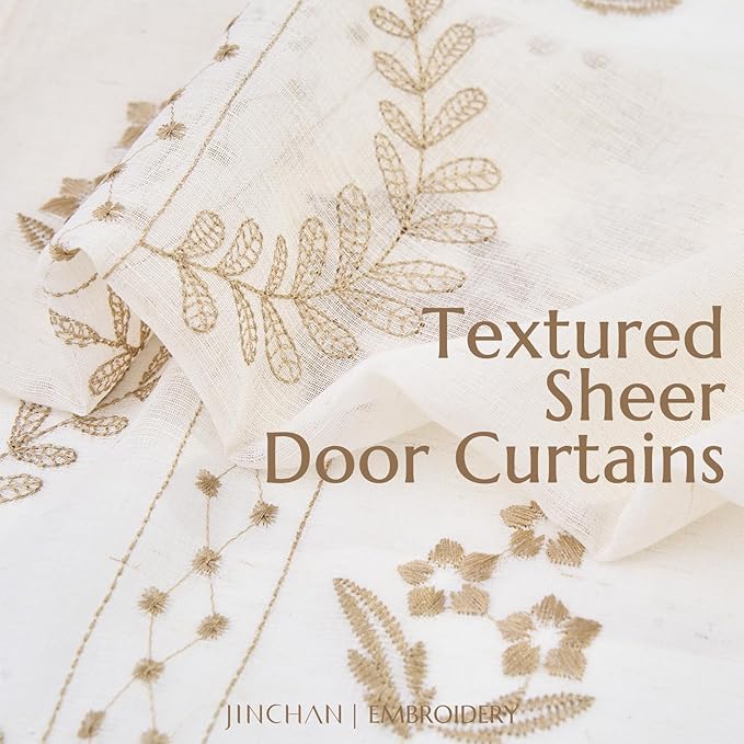 jinchan Belrose Sheer French Door Curtain Embroidered Farmhouse Linen Curtain for Patio Light Filtering for Door Window Closet Rod Pocket 72 Inches 1 Panel Taupe on Beige