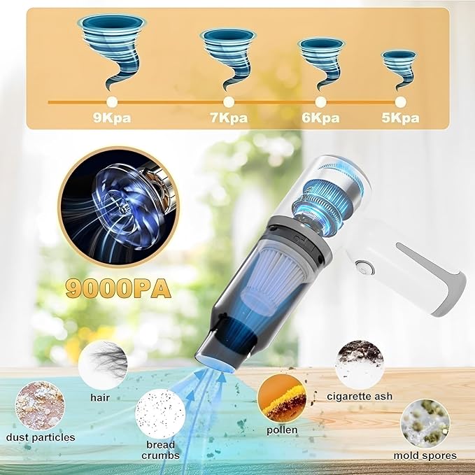 Mini Cordless Car Vacuum, Small Wireless Handheld Vacuum Cleaner 9000PA High Power Suction, Portable 3 in 1 Little Vacuum &Air Blower & Pump for Small Space at Home&Office
