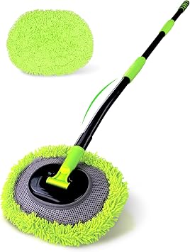 Curved Car Wash Brush Mop 47" with Long Handle Sturdy Metal Pole 3 Grip Points Washing Wand Auto Cleaning Tool Kit Scrat