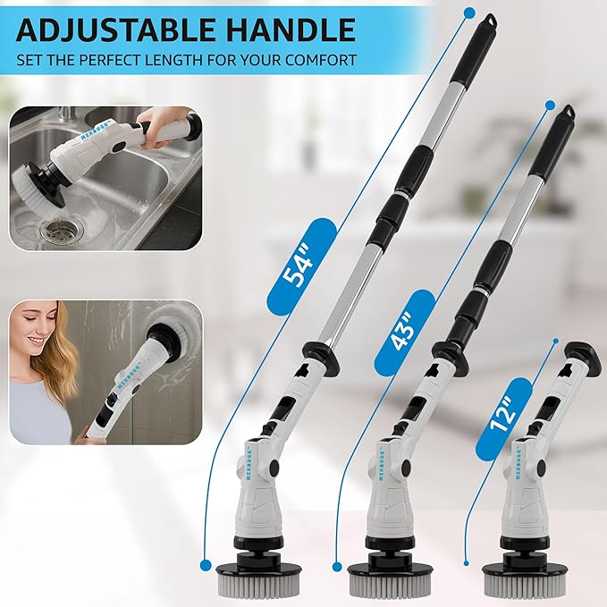 Electric Spin Scrubber, 3-Speed Power Scrubber for Cleaning Bathroom, 6-Angle Adjustable Head Cordless Scrubber with 8 Brush Heads & Long Handle, LCD Display Shower Scrubber for Grout Tile Floor Tub