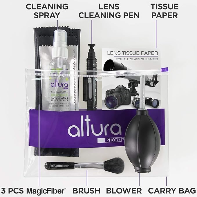 Altura Photo Camera Cleaning Kit - All Natural Lens Cleaner, Brush, Pen, Blower, Microfiber Cleaning Cloths, Tissue Wipes for Canon Nikon Sony Fuji Olympus Pentax Sigma Tamron DSLR Mirrorless Cameras