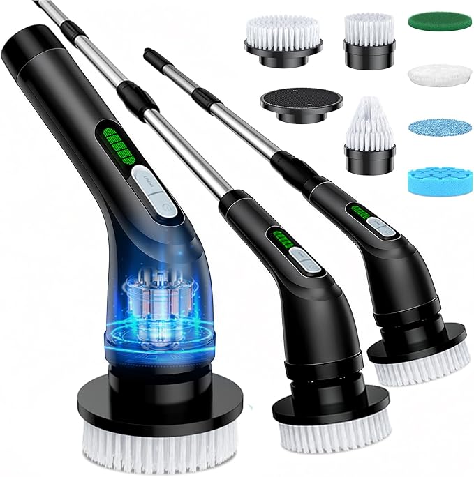 Highyes Electric Spin Scrubber, Powerful 2-Speed Cleaning Brush, IPX7 Waterproof with 7 Reusable Brush Heads & Extendable Handle, for Bathroom Toilet Shower Kitchen Wall Tile Floor Grout (Black)