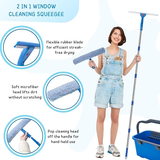 Window Cleaning Kit for Home and Commercial Use, 6 Ft Long Handle Professional Glasses Cleaner Squeegee with 3 Gallon Bucket and Spray Bottle and Scrubber, Car Windshield Washing Tool