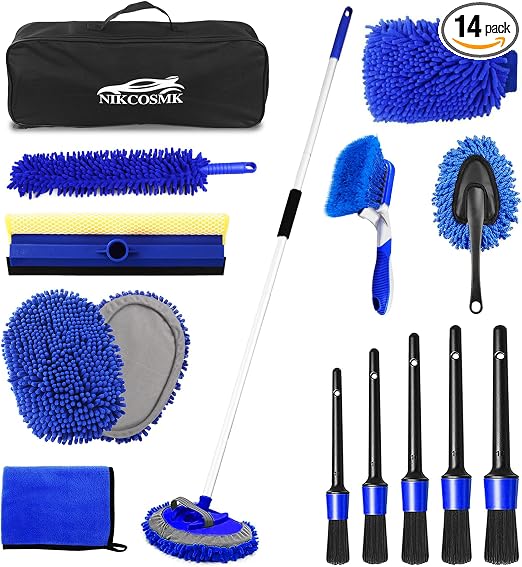 62'' Car Wash Brush Kit Mitt Mop Sponge with Long Handle, 1 Chenille Scratch-Free Replacement Head, Windshield Window Sq