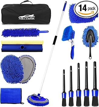 62'' Car Wash Brush Kit Mitt Mop Sponge with Long Handle, 1 Chenille Scratch-Free Replacement Head, Windshield Window Sq