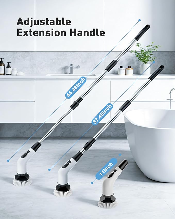 Powerful Electric Spin Scrubber, for Mom, Cordless Cleaning Brush, 90-Min Extended Runtime, Telescopic Long Handle, 8 Replaceable Heads, 2 Speeds for Bathroom, Floor & Glass