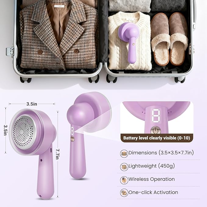DBC Fabric Shaver & Lint Remover for Clothes, Sweaters & Furniture - 6-Leaf Blade, 3 Speeds, 2H Runtime, Portable Design Perfect for Travel, Includes 2 Extra Blades - Purple
