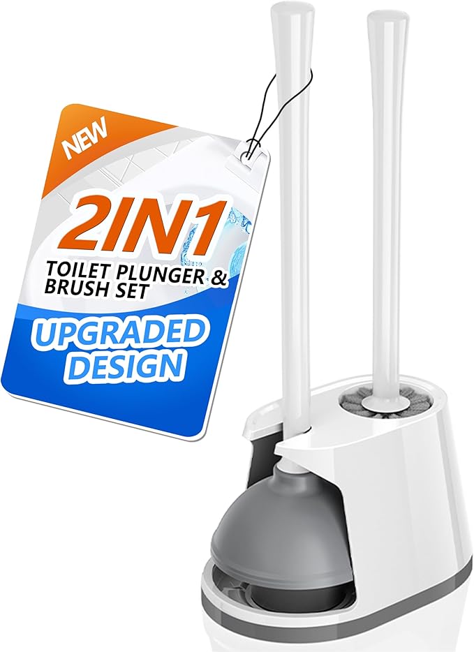 Toilet Plunger and Brush Set, Bowl Brush and Heavy Duty Toilet Plunger with Ventilated Holder, 2-in-1 Toilet Brush and Plunger Combo for 5.3-inch Toilet Drain Bathroom Deeply Cleaning(White & Grey)