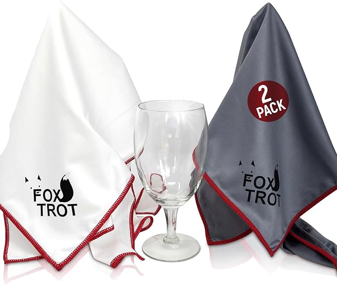 Fox Trot Large Microfiber Polishing Cloths (2 Pack White | Gray) | Streak Free, Lint Free Shine and Clarity for Wine Gla