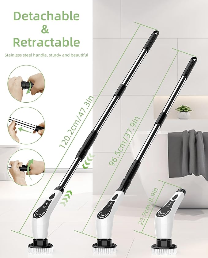 Electric Spin Scrubber, Cordless Floor Scrubber Machine with 7 Cleaning Pads & Telescopic Handle, Bathroom Scrubber for Cleaning Tile Grout Tub Shower Floor Window Carpet, White-rx2...