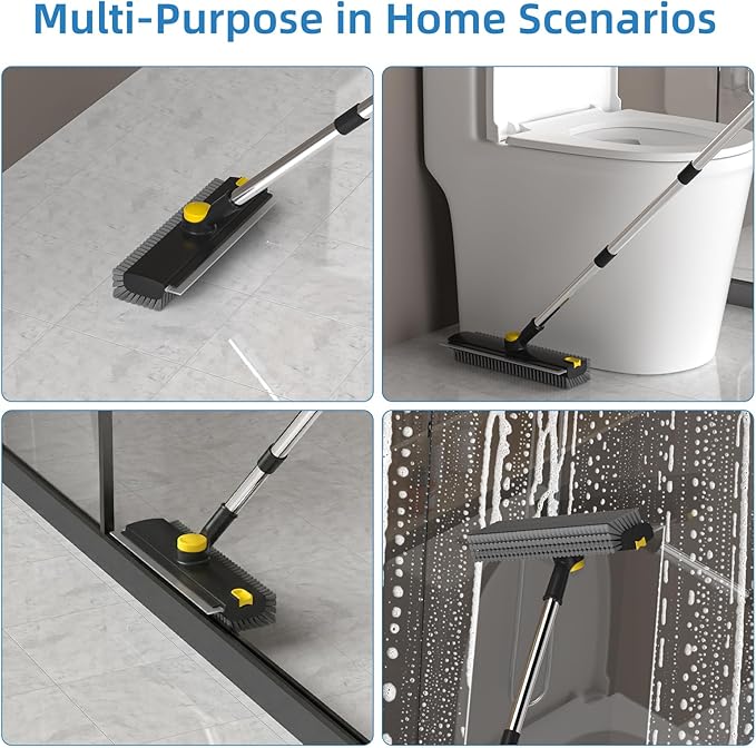 Scrub Brush with Long Handle, Floor Scrub Brush Squeegee Broom for Cleaning, 3 in 1 Shower Scrubber Floor Broom Squeegee for Concrete Tile Wall Deck Patio Special Black