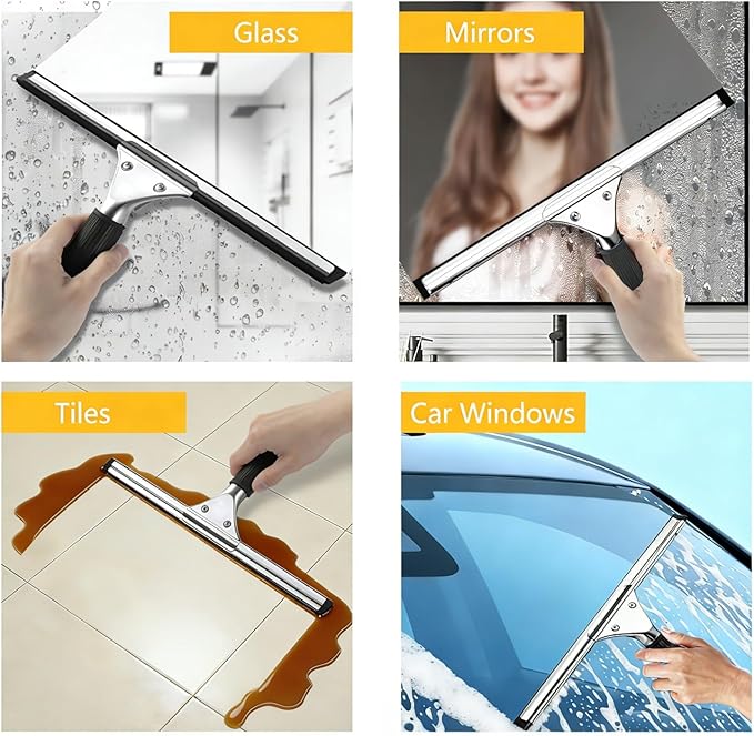 14-inch Squeegee for Shower Glass & Window Cleaning, Professional Stainless Steel Squeegee with Durable Handle for Streak-Free Glass, Mirror, Tile & All Smooth Surfaces