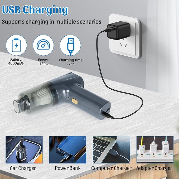 12000Pa Cordless Handheld Vacuum Cleaner, High Power Car Vacuum and Air Duster 2-in-1, Low Decibel Brushless Mini Vacuum with LED light and Multi-Nozzles, for Desk, Sewing Machine, Computer, Keyboard