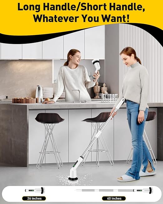 Shower Scrubber with Long Handle, Shower Cleaner Brush with 8 Brush Heads, Cordless Electric Spin Scrubber for Cleaning with 2 Speed, Cleaning Supplies for Bathroom Bathtub Kitchen Floor Tile Toilet