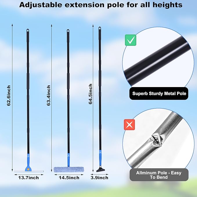 3-in-1 Professional Window Squeegee Kit with 2 Squeegee, 2 Microfiber Scrubber, 1 Razor Scraper, Thick Iron, 63.4" Window Squeegee with Extension Pole for Car, Glass, Mirror, Wall, Bathroom, Home, Van