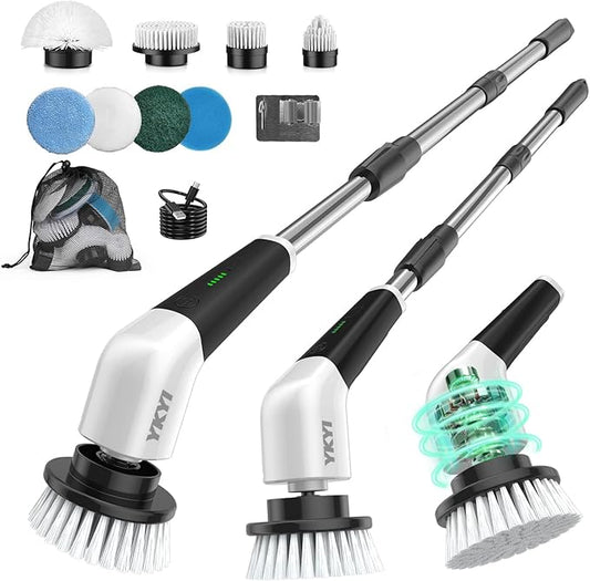 YKYI Electric Spin Scrubber, Cordless Power Scrubber Cleaning Tool with 8 Replaceable Heads and Extension Handle for Bathroom, Tub, Tile, Floor, Grout and Car (White)