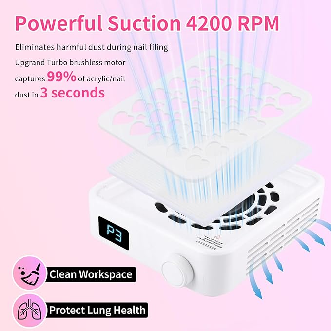 BQAN Nail Dust Collector with 4200RPM Fan - Portable Nail Vacuum Cleaner with Reusable Filter for Acrylic Gel Nail Dust, Professional Nail Tech & Home Manicure Tool (White)