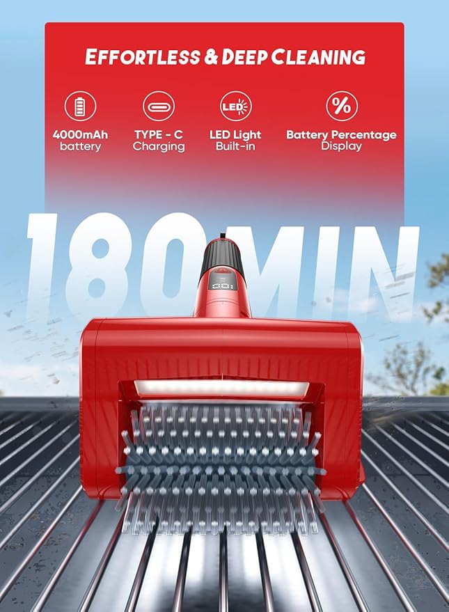 800 RPM Electric Grill Brush for Outdoor, 2-Speed High Power BBQ Cleaning Tool, 4000mAh Cordless Scrubber with LED Light, Non-Shedding Brush & 2 Scouring Pads for Gas/Charcoal/Weber Grates
