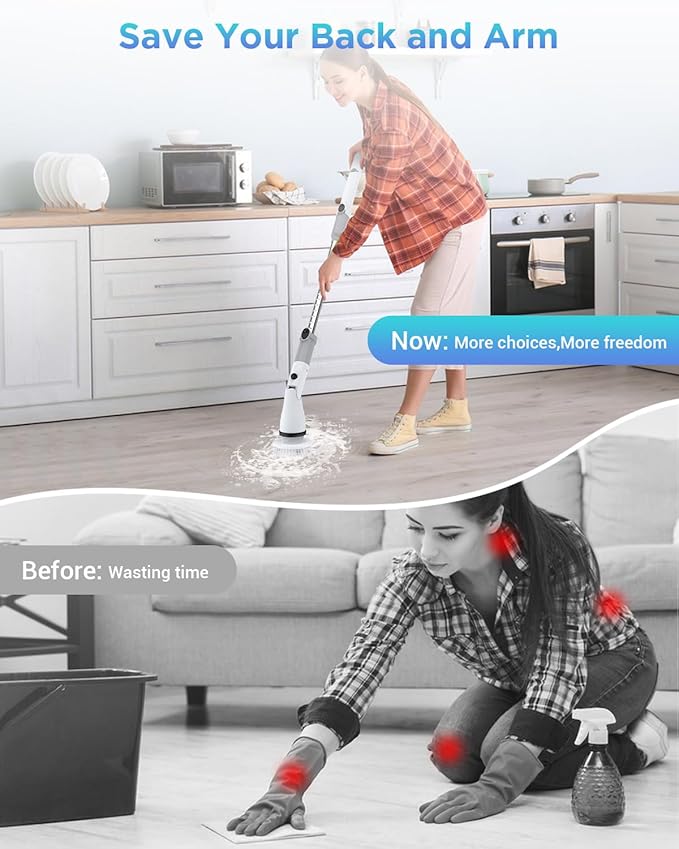 Electric Spin Scrubber, Cordless Power Brush Floor Scrubber with Adjustable Extension Arm and 4 Replaceable Bathroom Cleaning Brush Heads, Ideal for Tub, Tile, and Floor Cleaning