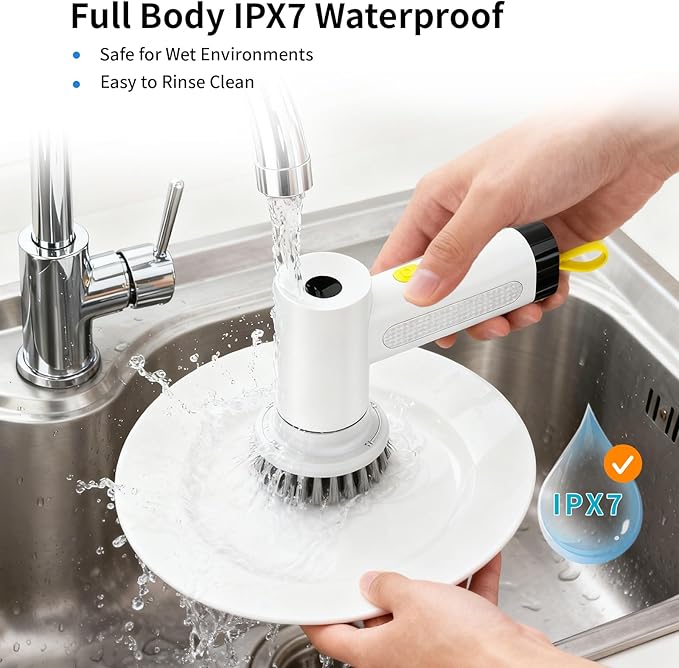 3000mAh Cordless Electric Spin Scrubber, 20W High-Torque IPX7 Waterproof Cleaning Brush with 6 Replaceable Heads, Dual Speed 150-180 Mins Runtime for Kitchen Bathroom Car