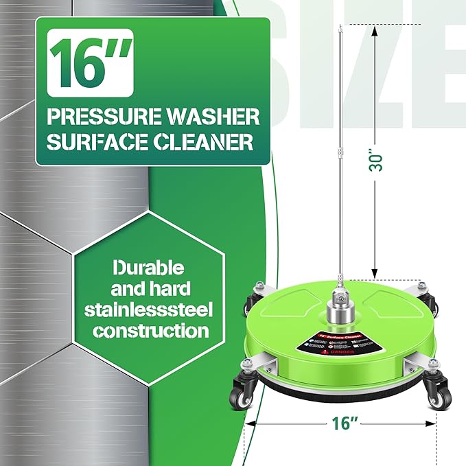 LidoDola 16'' Pressure Washer Surface Cleaner with 4 Wheels - Stainless Steel Surface Cleaner for Pressure Washer Attachment for Concrete, Driveway, Patio, Sidewalk, Deck and Driveways