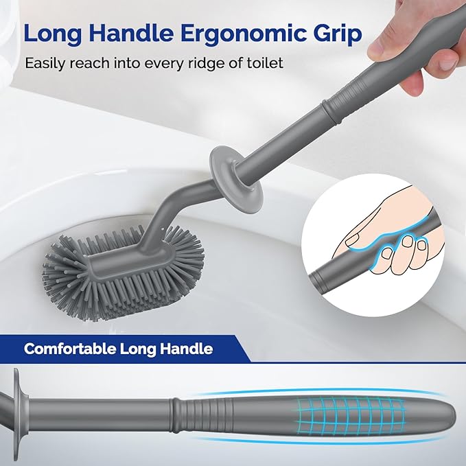 HAMITOR Toilet Bowl Brush Holder Set: Silicone Toilet Cleaner Brush with Curved Design Deep Cleaning Compact Hidden Scrubber for Bathroom Small Space - Modern Rv Toilet Decor Accessories - Gray