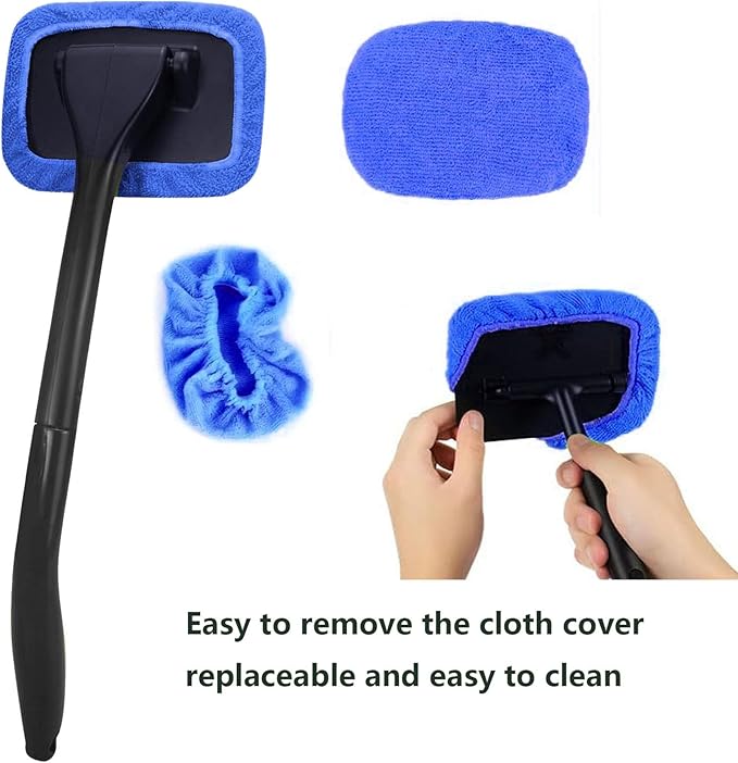 desin Car Windshield Cleaner Tool with Extendable Handle, Inside Auto Window Glass Cleaning Kit with 5 Washable Microfiber Pads, Streak-Free Defogger Wand for Deep Dashboards & SUVs