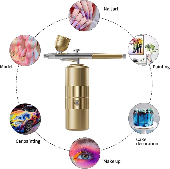 Airbrush Kit with Compressor Portable Airbrush Kit 48PSI High-Pressure Non-Clogging Air Brush Set Cordless Rechargeable with 0.3mm Nozzle and Cleaning Brush for Painting,Nail Art, Makeup (Gold)