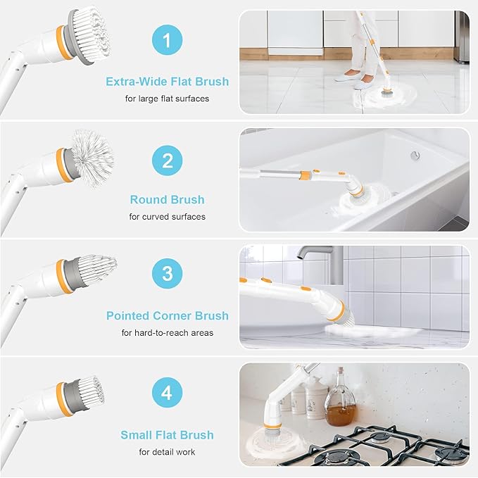 Electric Spin Scrubber, KIKOLIN 380RPM High Speed Power Scrubber, Cordless Cleaning Brush 2 Speeds for Bathroom, Tub, Shower, Floor with 4 Replaceable Brush Heads and Adjustable Extension Long Handle