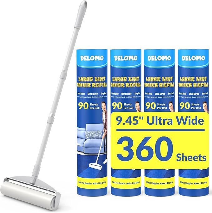 Large Lint Rollers for Carpet: Sticky Rollers for Floor DELOMO 9.45 in with 3 Extendable Handle, Long Handle Sticky Mop for Cleaning Carpets, Cars, Bedding, Couches, and Pet Hair - for Pet Homes
