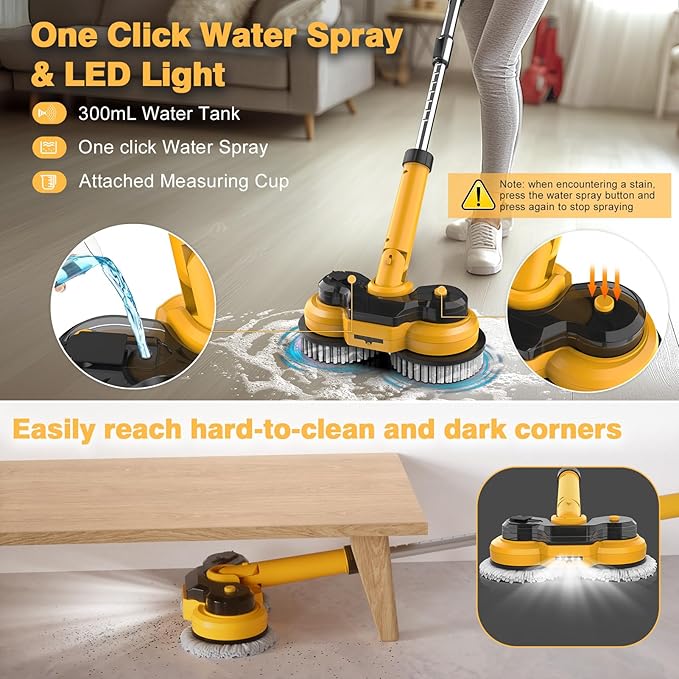 Cordless Electric Mop for Dewalt 20V Battery (NO Battery), 2 in 1 Spin Mop & Electric Floor Scrubber Machine with LED Light & Water Spray, 800 RPM Rotating Electric Mops for Floor (Golden)