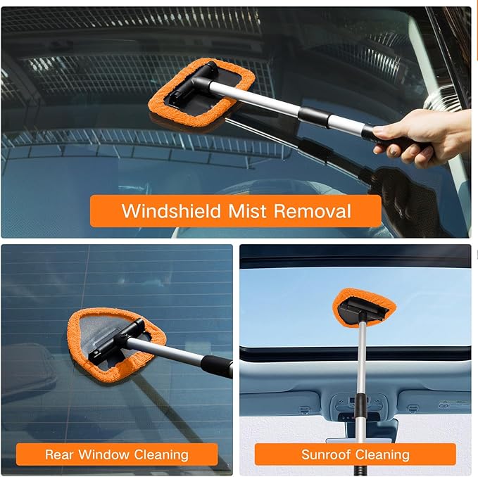 Qydipclin 11pcs Windshield Cleaner Tool, Car Window Cleaning Wash Kit with 6 Reusable Microfiber Pads 2 Spray Bottles and Extendable Handles Auto Glass Wiper Kit, Orange