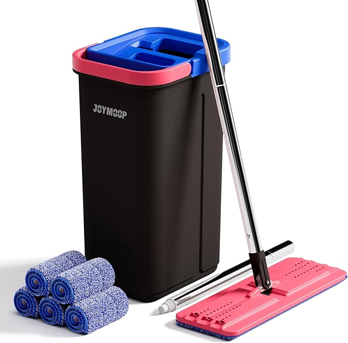 JOYMOOP Flat Mop System, Microfiber Mop and Bucket Set, Black, Floor & Wall Cleaning Mop for Home & Commercial Use, 60" Long Handle, Includes 5 Washable Pads