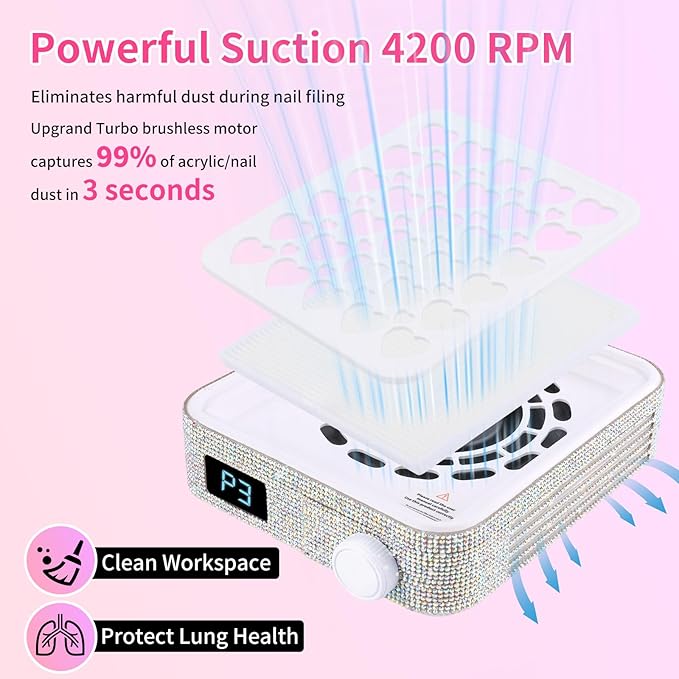 BQAN Nail Dust Collector Portable for Home & Salon - 4200RPM Vacuum with Reusable Filter, for Acrylic Drilling Dust Beginner Friendly Small Manicure Tool (White AB Rhinestones)