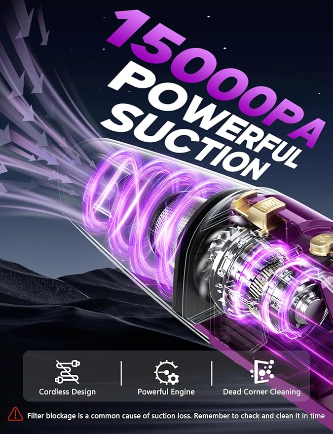 Handheld Vacuum Cordless, 15000PA Powerful Suction Hand Held Car Vacuum Cleaner Rechargeable with Multi-Nozzles & Washable Filters, High Power Lightweight Hand Vacuum for Home, Pet, Car, Office