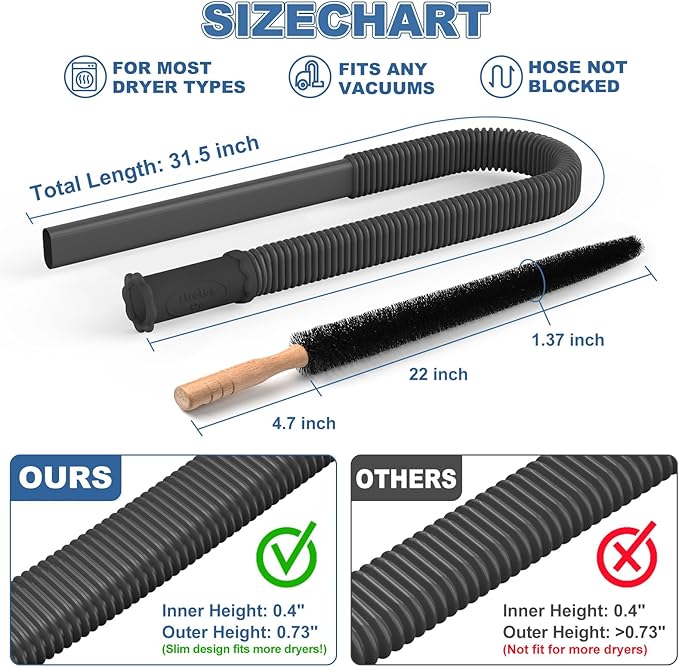 PetOde 2 Pieces Dryer Vent Cleaner Kit Compatible with Most Vacuum Cleaner, Dryer Lint Brush and Vacuum Hose Attachment, Quickly Lint Remover, Black