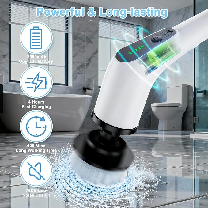 Electric Spin Scrubber, Cordless Cleaning Brush with 8 Replaceable Brush Heads, Shower Scrubber with Adjustable Extension Handle, Waterproof Power Scrubber for Bathroom Tile Floor Tub Car Walls