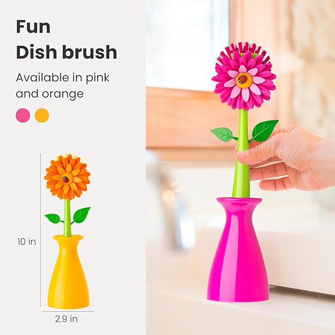 Vigar Flower Power Dish Brush with Handle and Vase Holder - Dish Scrub Brush for Dishes, Kitchen Scrub Brush, Dish Brush with Handle, Sink Cleaning Brush, Pot Scrubber, Dishwashing Brush - Pink