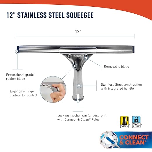 Unger Professional Stainless Steel Heavy-Duty Squeegee, 12", Silver