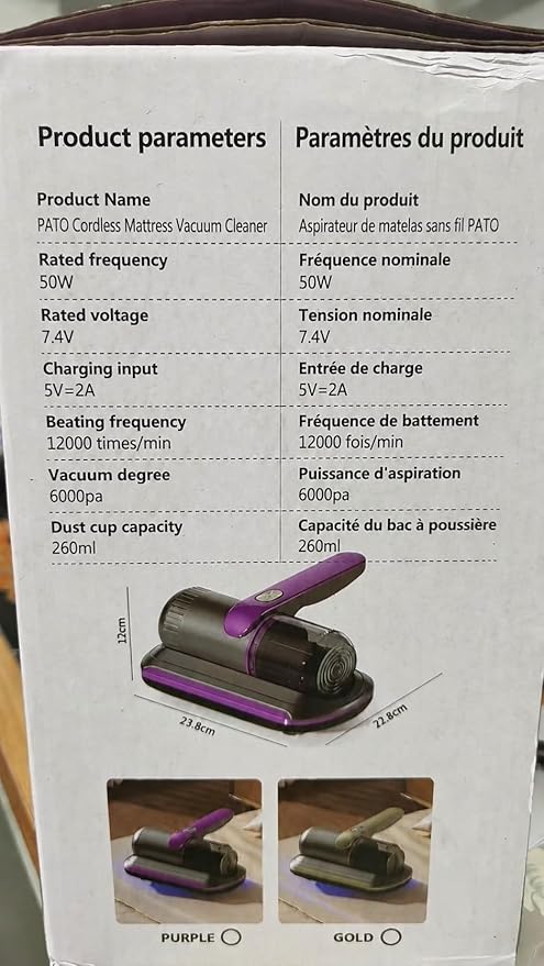 PATO Mattress Vacuum Cleaner, Wireless Handheld Bed Vacuum Cleaner with Cleaning Light, HEPA Filter and Ultrasonic Vibration, 12KPa, Suitable for Beds, Sofas, Car Seats, Carpets (Purple)