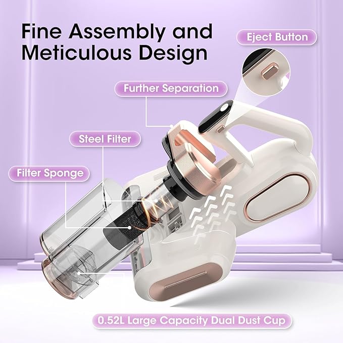 Mattress Vacuum Cleaner Cordless 16Kpa Bed Handheld Vacuum, Vacuum Cleaner with 253.7nm UV-C Light,HEPA Filter & Ultrasonic, Portable Vacuums for Bed Sofa Couch Crib Gifts for women men her white