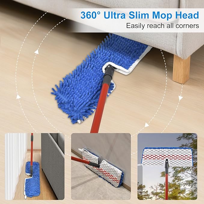 Microfiber Dust Mop Set for Floor Cleaning, Flat Mop for Wet & Dry to Clean Washable Flip Mops Pad for Ocedar Hardwood Floor 'N More 3-Action Mop, Adjustable 58" Mops Handle & 2 Reusable Refill & Base