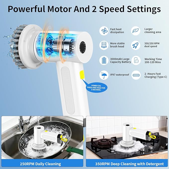 3000mAh Cordless Electric Spin Scrubber, 20W High-Torque IPX7 Waterproof Cleaning Brush with 6 Replaceable Heads, Dual Speed 150-180 Mins Runtime for Kitchen Bathroom Car