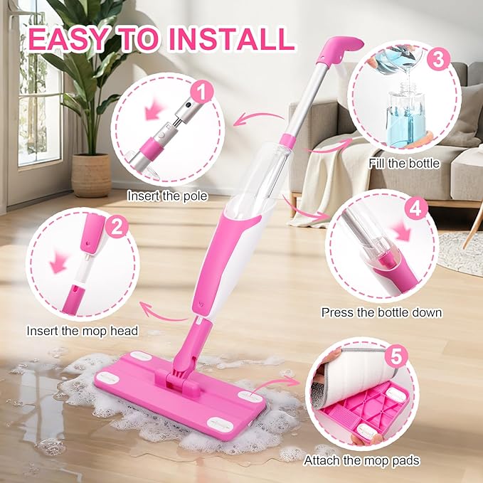 Kids Spray Mop, Toddler Cleaning Set with Real Water Sprayer, 2 Washable Mop Pads & Storage Clip, Pretend Play Montessori Housekeeping Toys for Boys Girls Ages 3 4 5 6 7 8