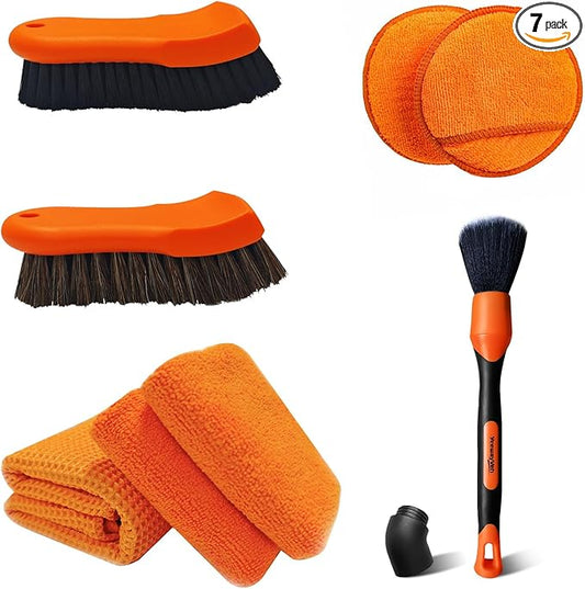 YeewayVeh 7PCS Car Interior Detailing Kit, Horse Hair Leather Brush for Car Seat, Carpet Brush, Soft Car Detailing Brush, Microfiber Towels & 2 Wax Applicator Pads, Car Interior Care Kit, Orange